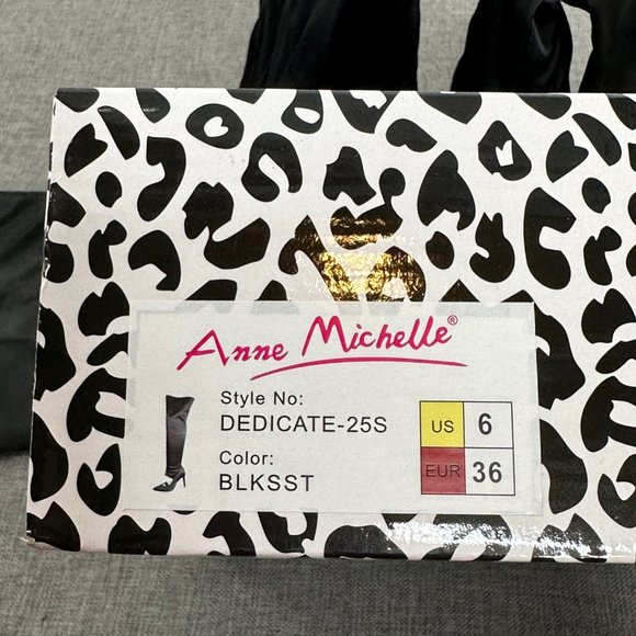 Anne Michelle Womens Over The Knee‎ Boots Size 6 Black Stiletto Pointy Toe Satin - Picture 2 of 11